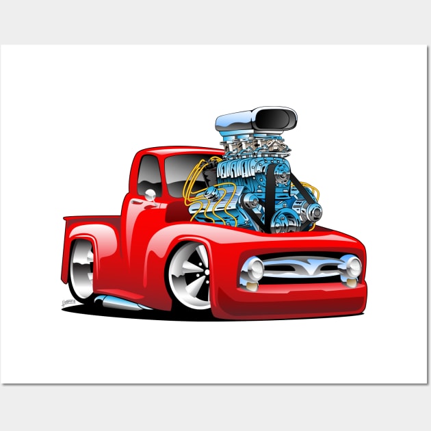 American Classic Hot Rod Pickup Truck Cartoon Wall Art by hobrath